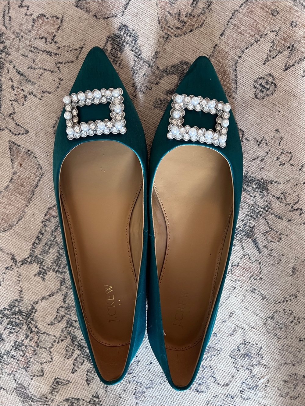 JCrew Factory Green SatinPointed-Toe Flats with Crystal Accent